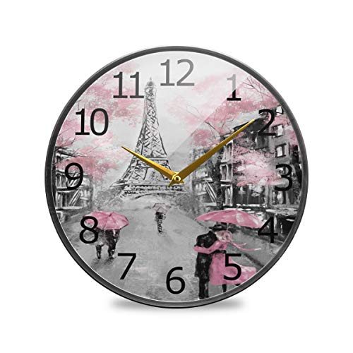 Alaza Paris Eiffel Tower Couple Pink Floral Acrylic Painted Silent Non-Ticking Round Wall Clock, 12 Inch Battery Operated Quiet Bathroom Clock For Living Room Kitchen Office Decor #TOP13