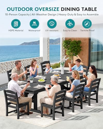 Image of SERWALL 9 Piece 84 inch HDPE Outdoor Dining Set for 8 with Armless Chairs and Umbrelle Hole, Black