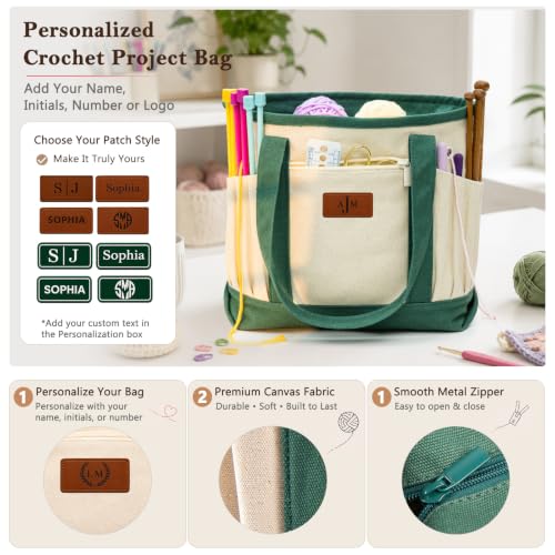 Image of Personalized Crochet Bag with Custom Leather Patch or Embroidered Name, Canvas Knitting Tote for Yarn Storage, Crochet Organizer with Multiple Pockets, Custom Gift for Crocheters & Knitters