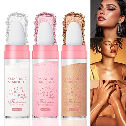 Polvo De Hadas Highlighter Makeup,2 Pcs Fairy Highlight Patting Powder Highlighter Stick With Sponge Head,Face Eye Lips Body Glitter Wand Makeup Pink #TOP3