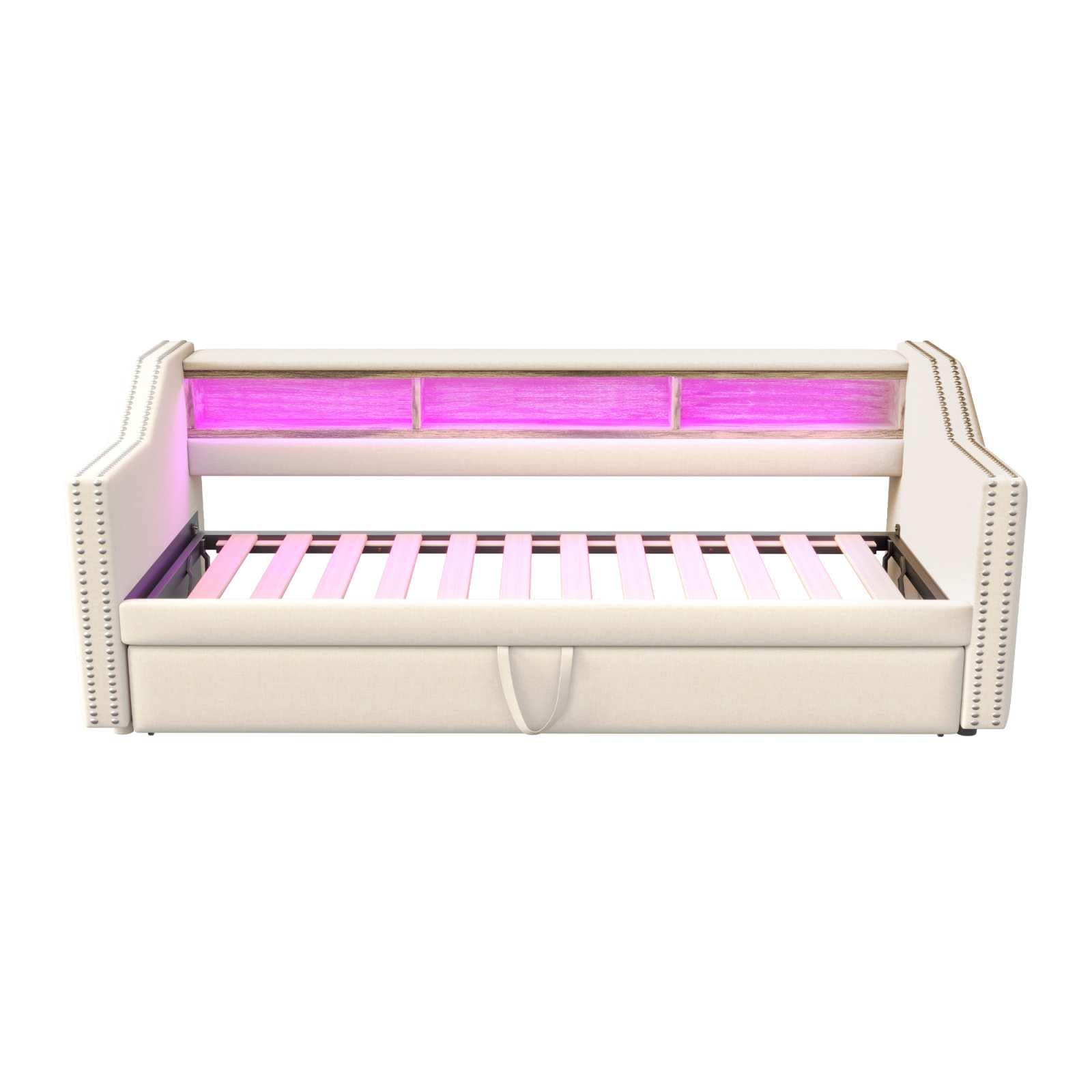 YEHTOKHOME Lit rembourré 90/180x190cm,canapé-lit Extensible avec lumière LED Multicolores et 2 USB Port de Charge, Multifonctionnel Compartiment de Rangement(sans Matelas) (Beige)