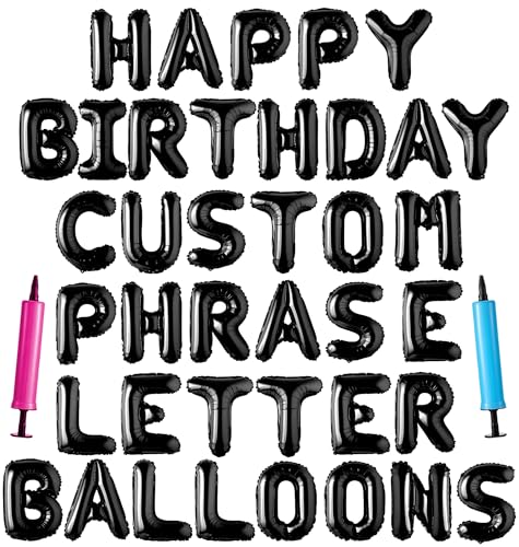 Image of Happy Birthday Balloon Banner Custom Phrase Balloons letter 16 inch Personalized Alphabet Letters Foil Mylar Balloons (Black)