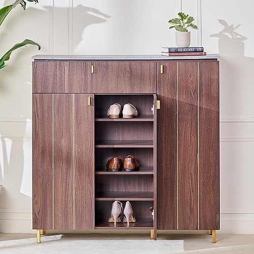 Image of Home Centre Engineered Wood Roger Marble Top 21 Pairs Shoe Cabinet with Drawer - Brown