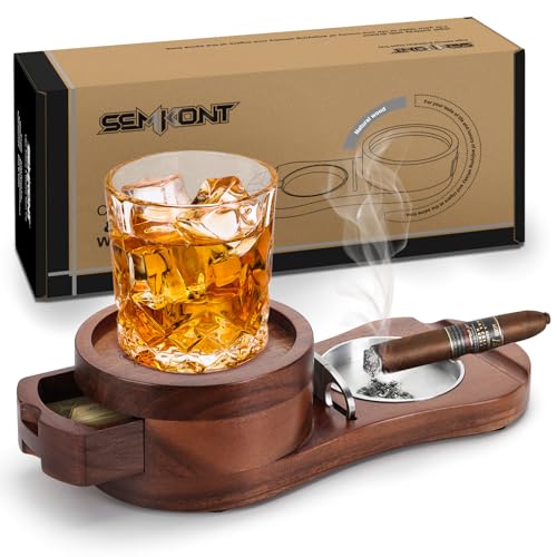 SEMKONT Cigar Ashtray, Wood Coaster Whiskey Glass Tray Desktop Decorative Ashtray with Drawer, Cigar Cutter Slot, Cigar Holder, Suitable for Home, Office, Bar and Outdoor Ashtray Cigar Accessories