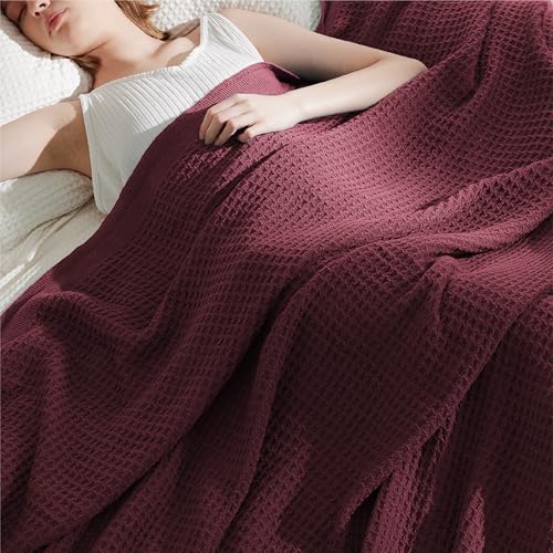 Image of Bedsure 100% Cotton Blanket King Size for Bed - Breathable and Soft for Summer, Thick Cozy Waffle Weave Blanket Gifts for Women, Burgundy, 104x90 inches
