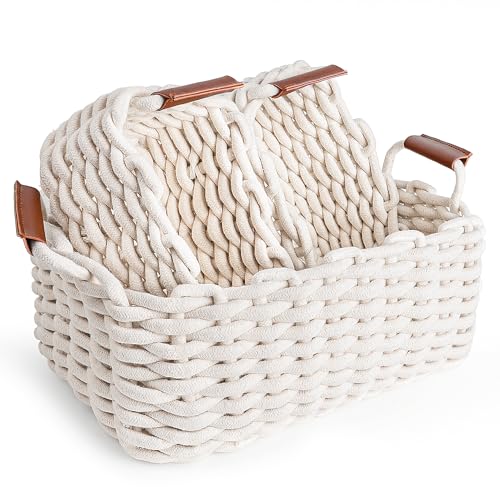 Image of Set Of Three Cotton Rope Baskets for Storage | Diaper organizer | Storage Baskets for Closet | Decorative Cloth Baskets for Shelves | Toy Baskets |Gift Basket with Handles | Bathroom Organization Bin