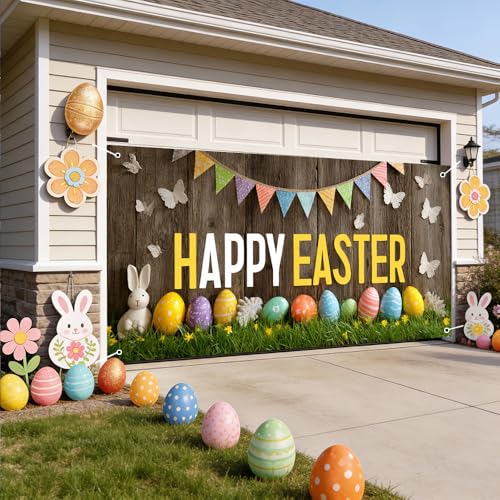 Image of Easter Garage Door Cover 157.48 x 70.87 Inch Rustic Wood Background Colorful Eggs Bunting Flags Happy Easter Text Vibrant Outdoor Decor Spring Celebration Family Party Garage Display