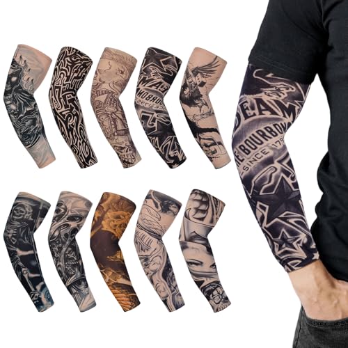 AOOSA 10Pcs Fake Temporary Tattoo Sleeves Cool Art Tattoo Arm Sleeves for Men and Women Summer Sunscreen Nylon Stretch Sleeve Suitable for Outdoor Sports Driving Parties and Halloween