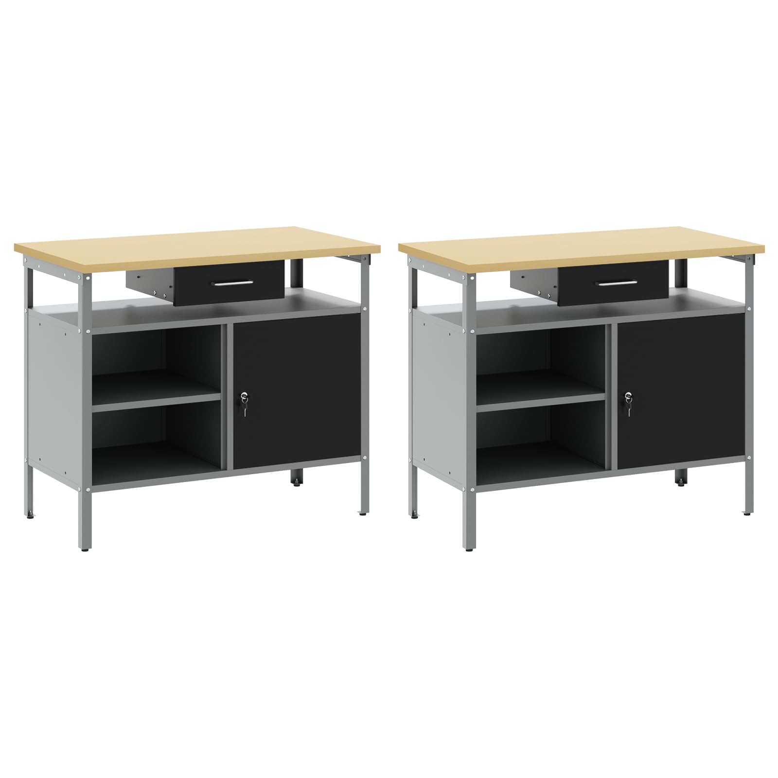 Juego de mesa de trabajo con estantería, 2 piezas, acero recubierto de polvo en negro y gris, 200 x 55 x 85 cm, con estantes metálicos y cajones, para taller, garaje, sala de hobby, mesa de