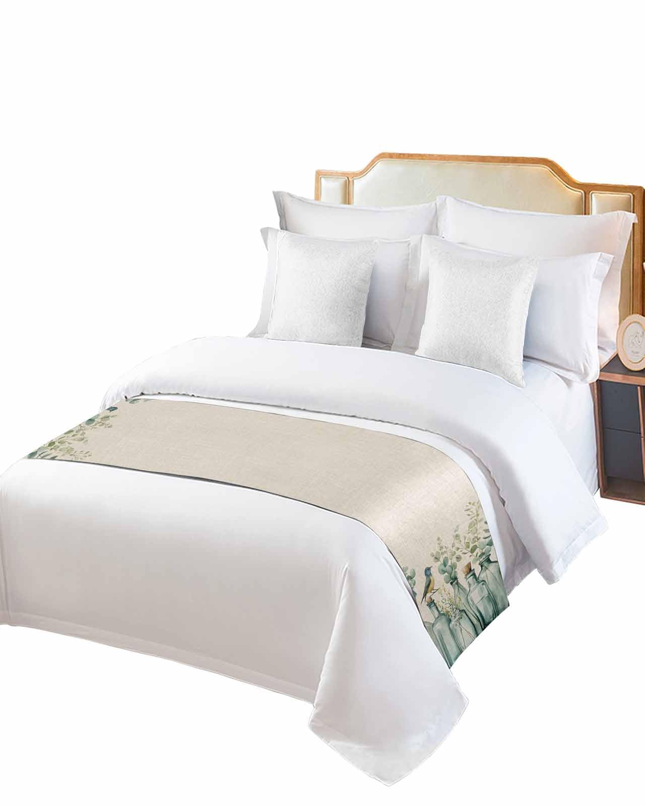 Teal Eucalyptus Leaves Bed Runner for King Size, Rustic Vase Birds Bedspread Protector Slipcover Bed Scarf for Foot Runners & Scarves for Bedroom Hotel Wedding Room 102x20 Inches