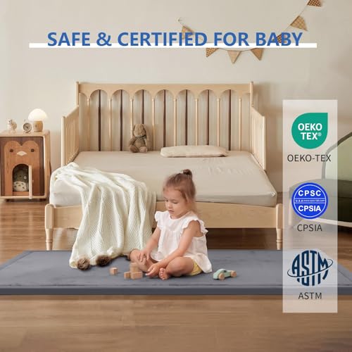 Image of Huloo Sleep 2 inch Thick Play Mat for Babies Toddlers, Dark Gray, 28 inchx72 inch | Extra Safety Anti-Fall Cushion Mat, Non-Slip, Water-Repellent Coral Velvet, Bedside Rug for Kids Room