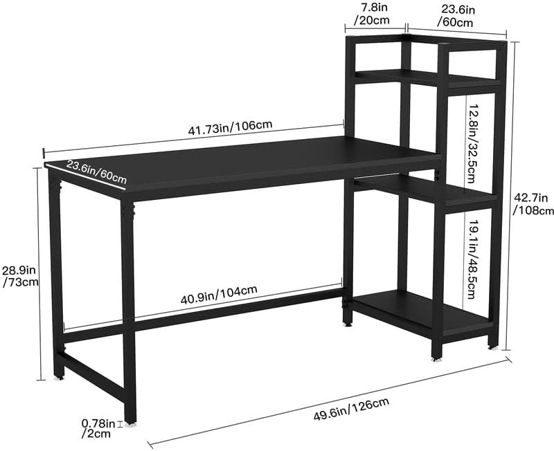 Dripex Tower Computer Desk with Storage Shelves, Convenient Study Table with Bookshelves, Modern Steel Frame Wood Desk for Home Office and Writing, Black
