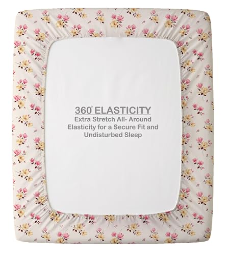 Image of Welspun ENZO King Size Fitted Bedsheet with 2 Pillow Covers | 360 Elastic | 100% Pure Cotton | 72 x 79 Inches | Soft, Breathable, Lightweight & Easy Care | Summer Melon