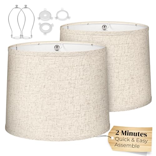 Lamp Shades Set of 2, Medium Drum Lampshades 11.6” Top x 12.6” Bottom x 9.8” Height, Hand Crafted Linen Fabric Drum Shape for Table Lamps (Beige), Universal Fit with Spider Fitter, Assembly Required