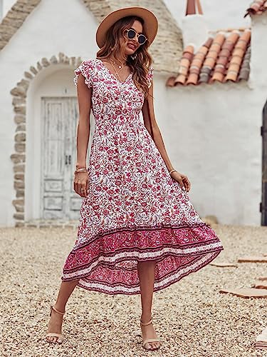 PRETTYGARDEN Sun Dresses Women Summer - Maxi Casual V Neck Floral High Low Flowy Beach Long Dress White - Image 4