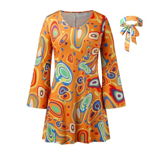 Generisch Bonprix Strickjacke 70er-Jahre-Hippie-Disco-Kostüm, Festivalkleid, Kopftuch + bedrucktes Kleid, zweiteiliges Set Damen Winter Kleider (Orange, M) Generisch Bonprix Strickjacke 70er-Jahre-Hippie-Disco-Kostüm, Festivalkleid, Kopftuch + bedrucktes Kleid, zweiteiliges Set Damen Winter Kleider (Orange, M)