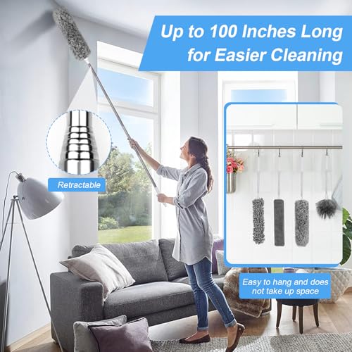 Image of Duster for Cleaning 5-in-1 Kit, 100 Inches Duster with Extension Pole, Extendable Duster, Microfiber Feather Duster, Cobweb Dusters for High Ceilings, Furniture, Blinds, Wall- Grey