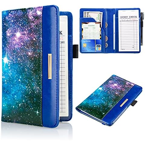 DMLuna Server Book for Waitress, PU Leather Guest Note Pads Checks Organizer, Money Holder for Cash, Checkbook, Cute Serving Pocket Pouch, Waitstaff Wallet, Order Ticket Booklet, Fit Apron, Blue Sky Cover