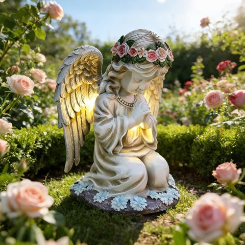 Statue du Jardin des Anges, Statue des Anges avec Couronne Énergétique Solaire Sculpture Ange Gardien avec Lampe LED Solaire Figurine de l'Ange de la Prière pour Cadeau de Pendaison de Crémaillère