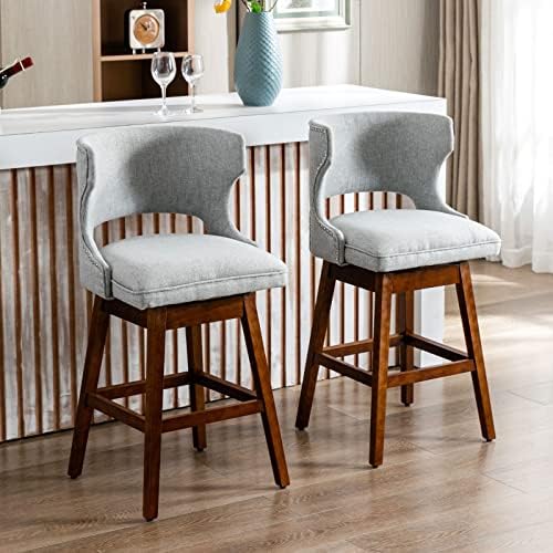 ROCITY Swivel Counter Stools Set of 2 Wood Bar Stools with Backs 26 Inch Upholstered Linen Stool Chair Farmhouse Barstools for Kitchen Island, Nailhead Trim, Grey