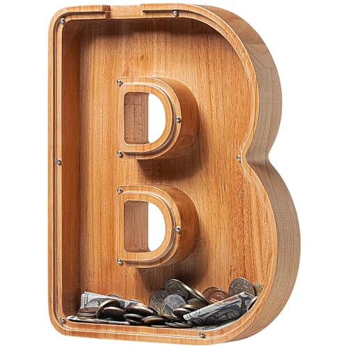 Image of Piggy Bank for Kids Boys Girls, Large Personalized Wooden Letter Piggy Bank with Cut-Out Design, Alphabet Letter Coin Banks, Money Savings Box, Wooden Bank for Kids Creative Gifts for Real-Money(B)