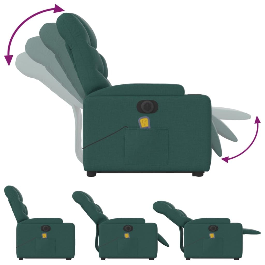 Sillón elevador eléctrico con masaje de tejido verde oscuro con 6 puntos de vibración y reclinación de 135 grados, función de elevación eléctrica, asiento acolchado,