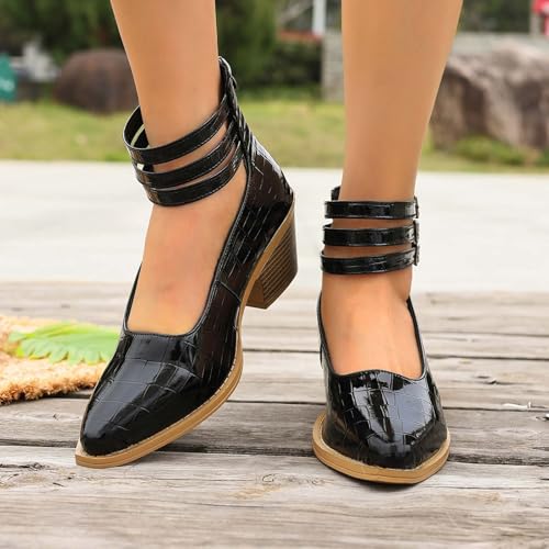 Escarpins noirs en cuir verni crocodile avec sangles et talon bloc chic - 3
