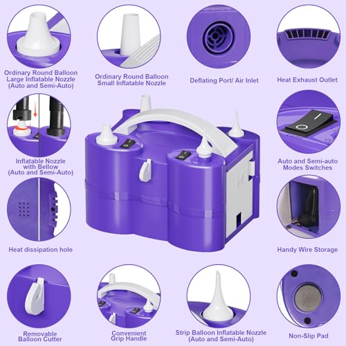 FLSEPAMB Electric Balloon Pump, 3-in-1 Portable Electric Air Balloon Blower Machine Balloon Pump 2 Motor Dual Nozzle Balloon Inflator for Latex 260Q Long Foil Balloons Swimming Rings Air Beds (Purple)