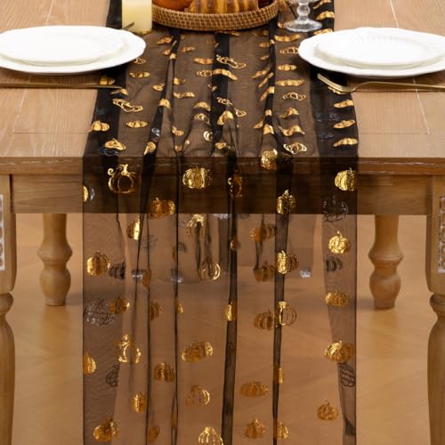 Image of MLMC Fall Pumpkin Table Runner Black Sheer Gauze Foil Table Runner, 3PC