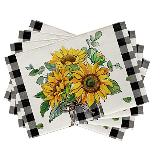 Seliem Summer Sunflower Placemats Set Of 4, Floral Flowers Buffalo Plaid Check Fall Farmhouse Dining Table Place Mats, Eucalyptus Leaves Spring Seasonal Kitchen Decor Home Decoration 12 X 18 Inch #TOP18