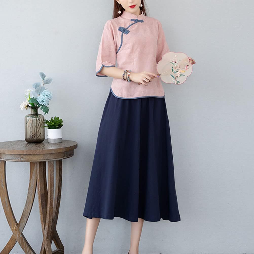Women's Tang Dress Outfit Mandarin Collar Qipao Top Tea Length Skirt 19th Century Chinese Traditional School Girl Costume