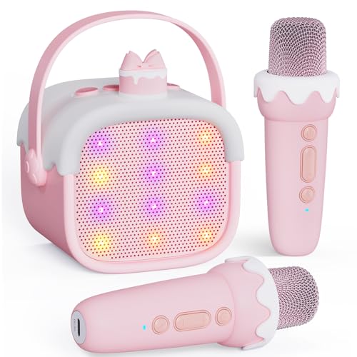 Micro Karaoké Enfant avec 2 Micros sans Fil et Lumières LED, Machine Karaoké Portable Cadeau Fille 3–12 Ans, Design Gâteau avec Nœud Papillon, Jouet Anniversaire...