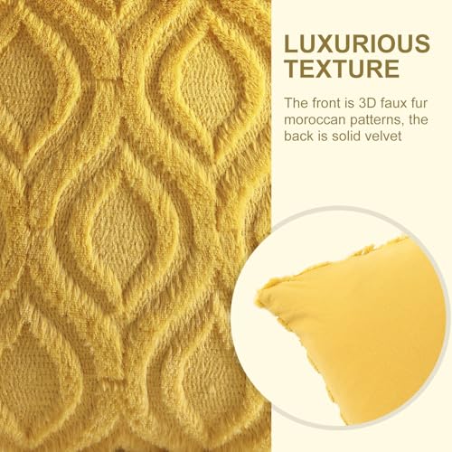 decorUhome Throw Pillow Covers 12x20 Inch Set of 2, Soft Plush Decorative Faux Fur Mustard Yellow Solid Couch Pillow Covers, Accent Farmhouse Neutral Lumbar Euro Pillow Cases for Sofa Bed Living Room
