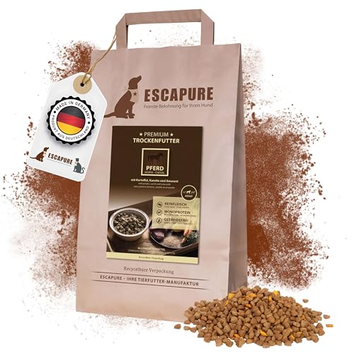 Escapure Adult Trockenfutter Hund 1,5kg Beutel Pferd - Hundefutter trocken mit Rapsöl & Amarant - Alleinfuttermittel für ausgewachsene Hunde getreidefrei - Hundenahrung mit hohem Fleischanteil