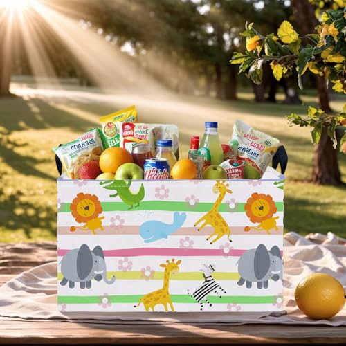 Image of Cute Rectangle Woodland Animal Baby Girl Basket Nursery Playroom Bedroom Decor Clothes Toy Storage Basket Linen Canvas Colorful Animals