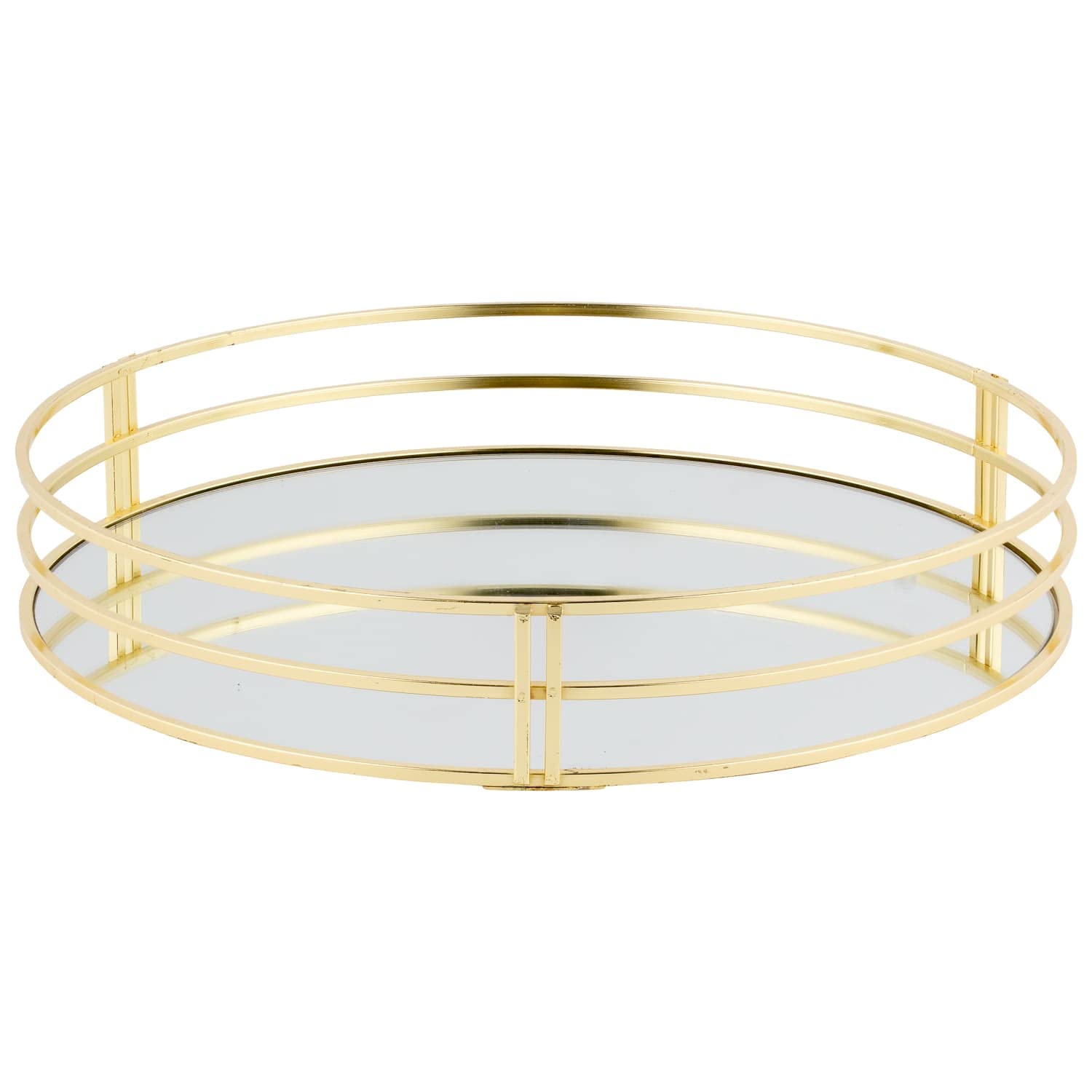Biznest New Gold Decorative 30cm Mirror Glass Crystal Vintage Round Metal Drinks Tray Serving