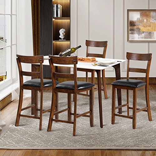 Nafort Upholstered Counter Height Bar Stools Set Of 4, Farmhouse 25.5” Solid Wood High Dining Chairs With Cusion, Counter Stools W/Back For Kitchen, Restaurant, Bar, Rubber Wood Legs & Black Leather #TOP7