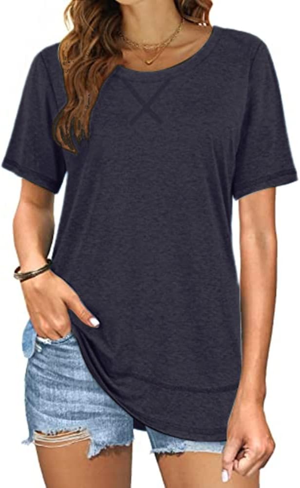 Beimuc Summer Tops for Women Short Sleeve Crewneck Tshirts Side Split Loose Fit Tunic Shirts