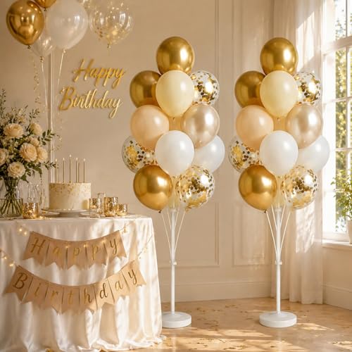 Image of Balloon Column Stand Kit with Balloons, Base and Pole, Balloon Column Kit for Floor or Table Backdrop Decoration for Party Wedding Baby Shower Birthday Graduation (Champagne Gold)