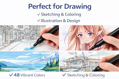Image of Brand Conquer Dual Tip Colorful Art Markers Sketch Pens With Carrying Case For Painting Sketching Calligraphy Drawing -Twin Head Permanent Colouring Marker Pens For Kids (Drawing Marker 48 Pcs)