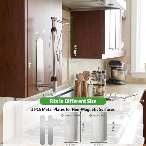 Image of KIHOGEM Magnetic Paper Towel Holder for Fridge, Stainless Steel Paper Towel Holder Magnetic with Gravity-Weighted Arm, Kitchen Paper Towel Holder with 2 Metal Plates for Wall, Cabinet, RV