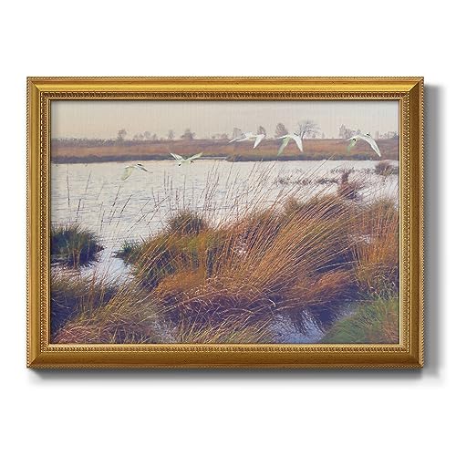 Renditions Gallery Landscape Wall Art White Birds Flying over the Lake Photo Picture Modern Wall Décor Artwork for Home Gold Framed Canvas Prints for Living Room and Bedroom 22x31 Inch