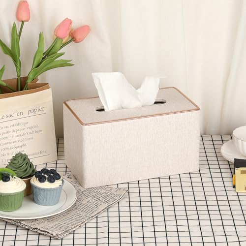 Image of Sumnacon Rectangular Linen Tissue Box Cover - Stylish Tissue Box Holder with Magnetic Bottom, Decorative Tissue Box for Bathroom Toilet Vanity Night Stand Table Countertop Office, Beige Linen Texture