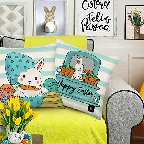 Aremetop Easter Pillow Covers 24X24 Inch Set Of 4 Spring Farmhouse Throw Pillows Easter Decorations Blue Stripes Bunny Eggs Carrot Truck Floral Sweet Home Decor Holiday Cushion Case For Sofa Couch #TOP2
