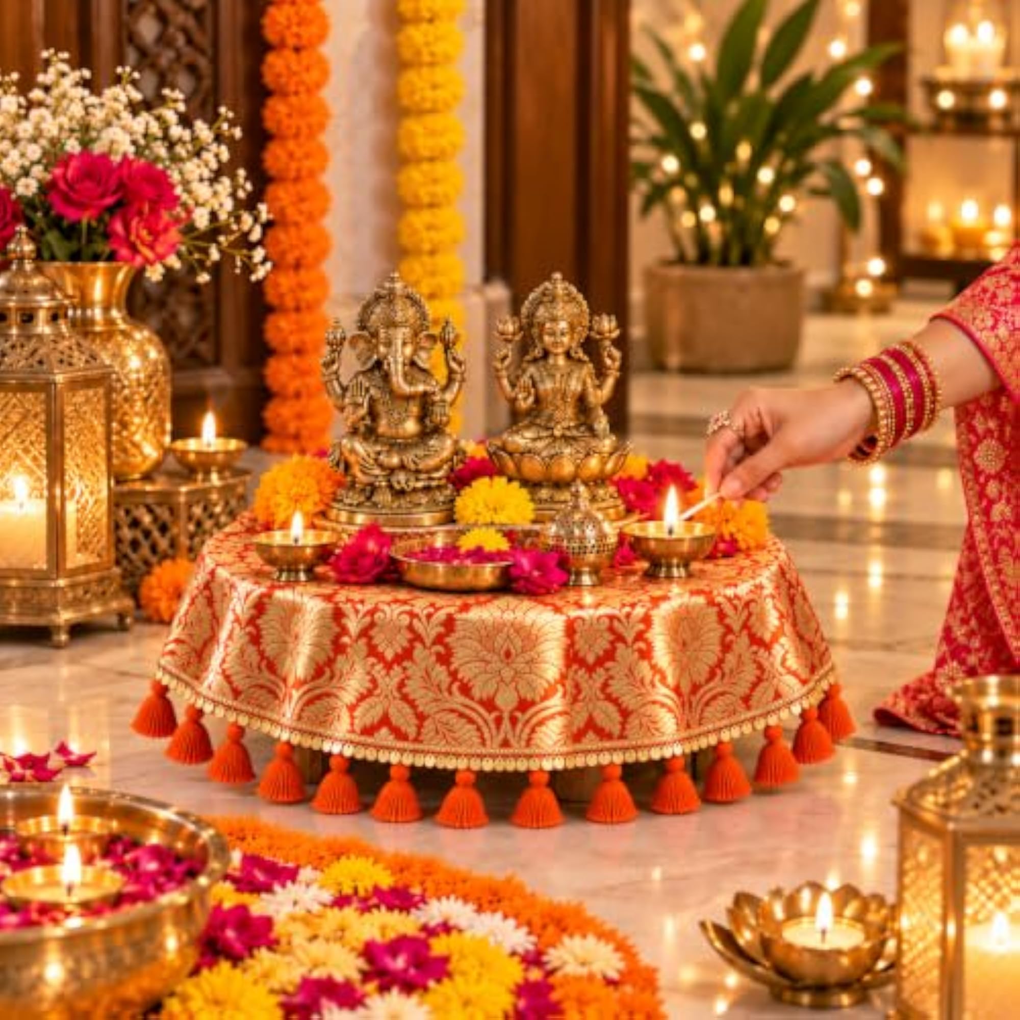 Orange Brocade Silk Round Thali & Chowki Cover with Gold Lace