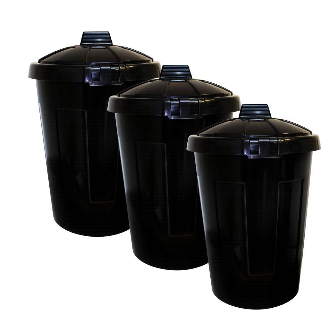 LITETRON 80L Large Dustbin, Heavy Duty Plastic, Black, Round, Lockable Lid, Glossy Finish, Outdoor Garden Bin for Waste Disposal (1) (3 Pack)