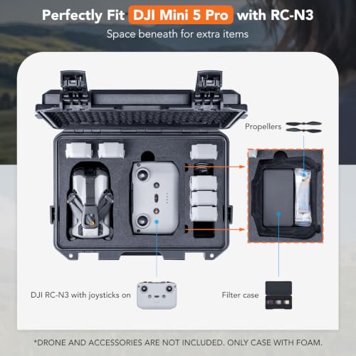 Image of Lykus Titan MM510 Waterproof Hard Case for DJI Mini 5 Pro and RC2 /RC-N3 | CASE ONLY,Fits Fly More Combo,Up to 7 Batteries,Supports RC Lanyard,IP67 Waterproof,Shockproof,CNC Cut Premium Foam