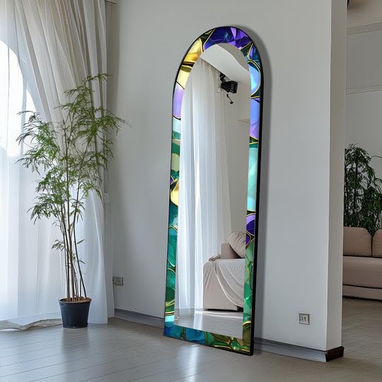 Specchio da pavimento astratto ad arco a tutta lunghezza - Specchio da pavimento con cornice nera e cornice nera, 67 x 170 cm (larghezza x altezza), effetto vetro lussuoso, con