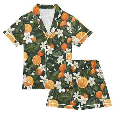 ALAZA Floral Orange Fruit Satin Pajamas Set Short Sleeve Button Down Sleepwear Summer Pjs 2 Piece