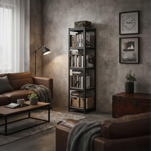 Relaxdays Standregal, HxBxT: 180 x 40 x 40 cm, 5 offene Ablagen, 300 kg, Beistellregal für Büro, Keller, grau/schwarz